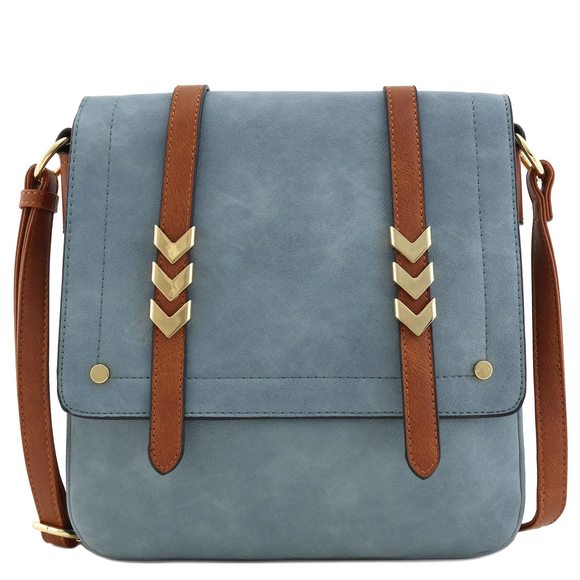 Double Compartment Large Flapover Crossbody Bag With Colorblock Straps Blue :^) - Picture 1 of 6